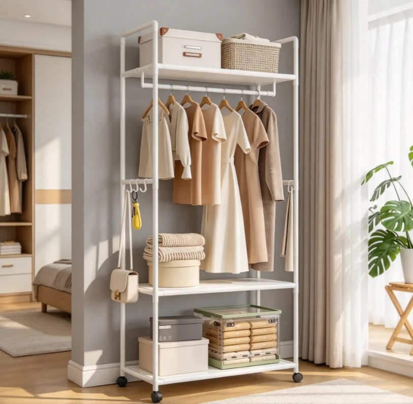 Versatile Multi-Tier Clothes Rack with Hooks, Space Efficient Garment Stand, Garment Storage Organizer Shelf for Living Room