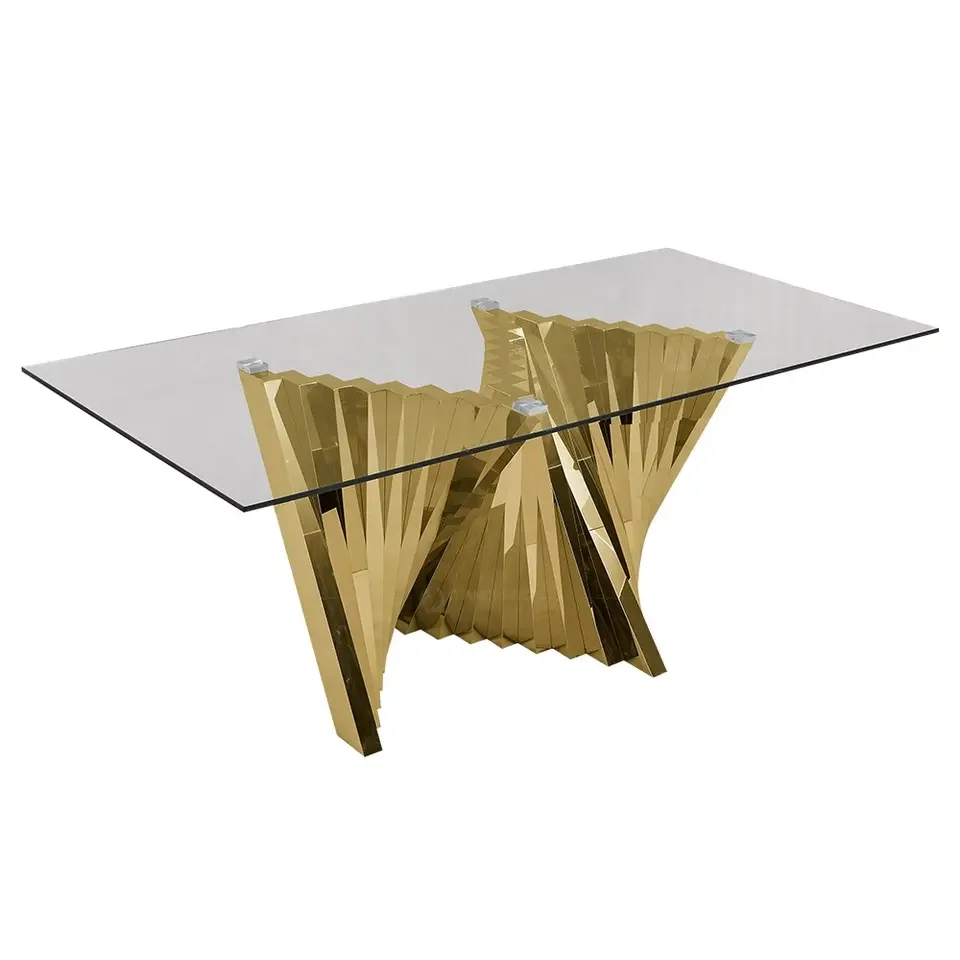 

bv- Quality Luxury Gold Stainless Steel Foldable Rectangle Tempered Glass Dining Table for Home Furniture Hotel Restaurant Use·