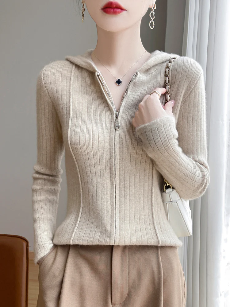 100% Pure Wool Zipper Cardigan Women\'s Hooded Collar Slim Knit Coat Casual All-Match Draw Strip Hoodie New Zipper Jacket Thick