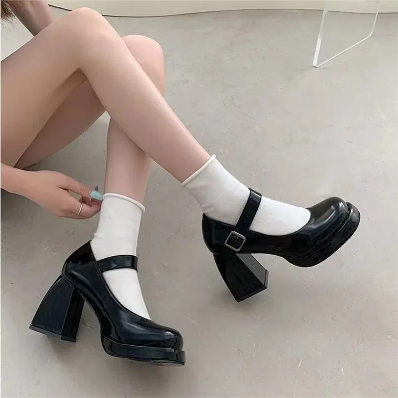 

Pop Women Solid Thick Heel Mary Jane Shoes Women's Shoes 2024 Hot Sale Buckle Women's High Heels Fashion Square Toe Dress Pumps