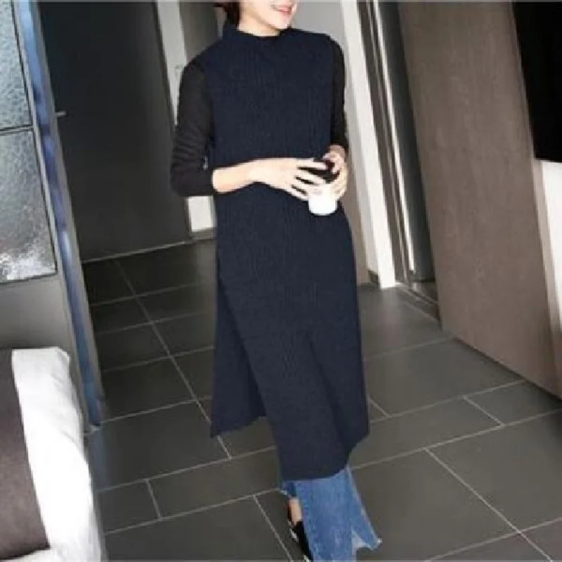 Casual sweater vest female 2023 autumn and winter sweater women pullover medium and long half high neck split with knitwear vest