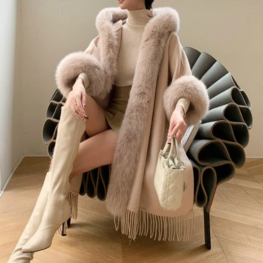New Autumn Winter Warm Faux Fur Hooded Keep Shawl Cloak Jacket Female Elegant Outwear Fluffy Poncho Women Overcoat T72