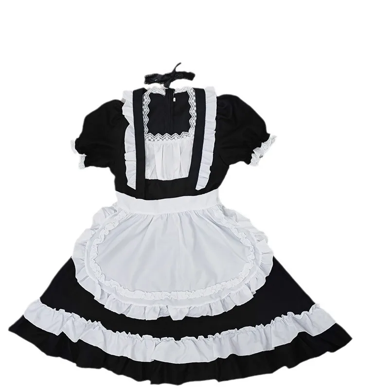 Kitty Maid Uniform Set Lace Trim Puff Sleeve Frilly Apron Dress Sweet Lolita Outfit For Cosplay Theme Party And Casual Wear
