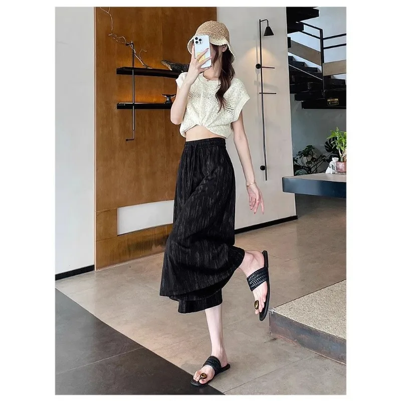 Summer Wide-leg Culottes Thin Ice Silk High-waist Slimming Tie-dye Printed Drapey Casual Three-quarter Culottes