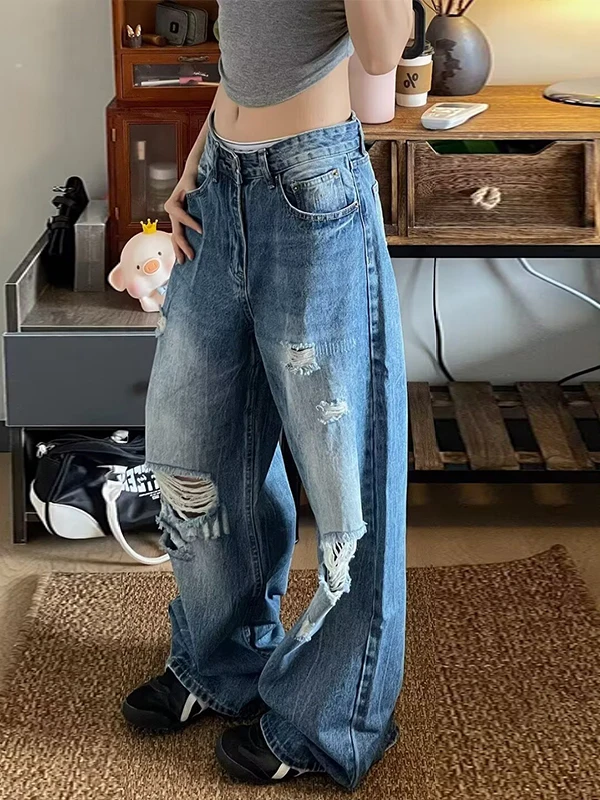 plus Size American Style Wide Leg Jeans Women's Vintage Destroyed Loose Straight Cut Trousers for plus Size Girls High Waist ...