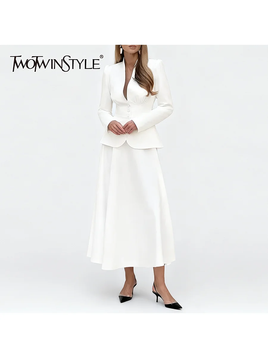 

TWOTWINSTYL Solid Two Piece Sets for Women V Neck Long Sleeves Tunic Blazer High Waist Skirt Elegant Set Female Fashion Clothing