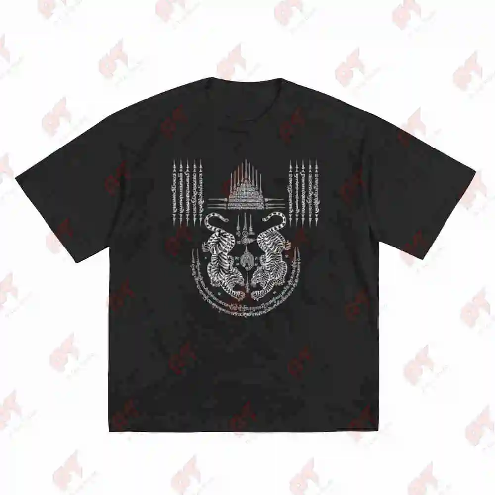 Thai Sak Yant Magical Muay Thailand Twin Tiger Tattoo Short Sleeve Tee 100% Cotton T-Shirt view 2