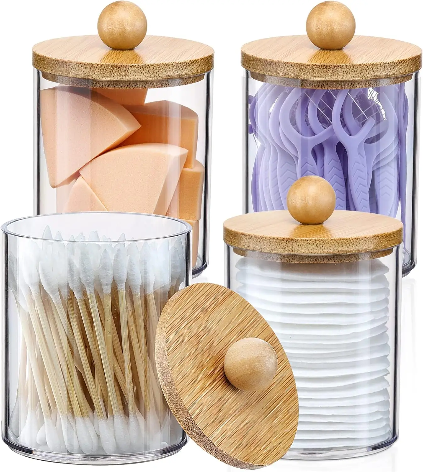 

4 Pack Qtip Holder Dispenser with Bamboo Lids, 10 oz Clear Plastic Apothecary Jars for Vanity Makeup Organizer and Bathroom