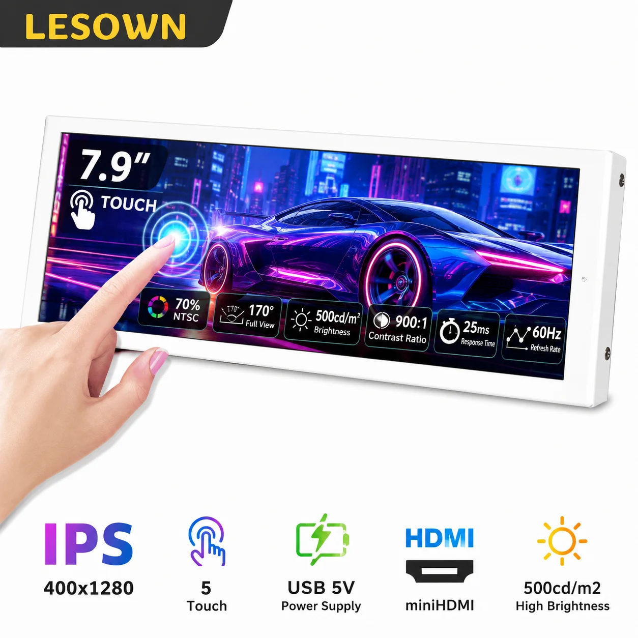 LESOWN White Flight Sim Dashboard 7.9" Plug and Play IPS miniHDTV Game Extension Screen Cockpit Simulator Touch Panel Display