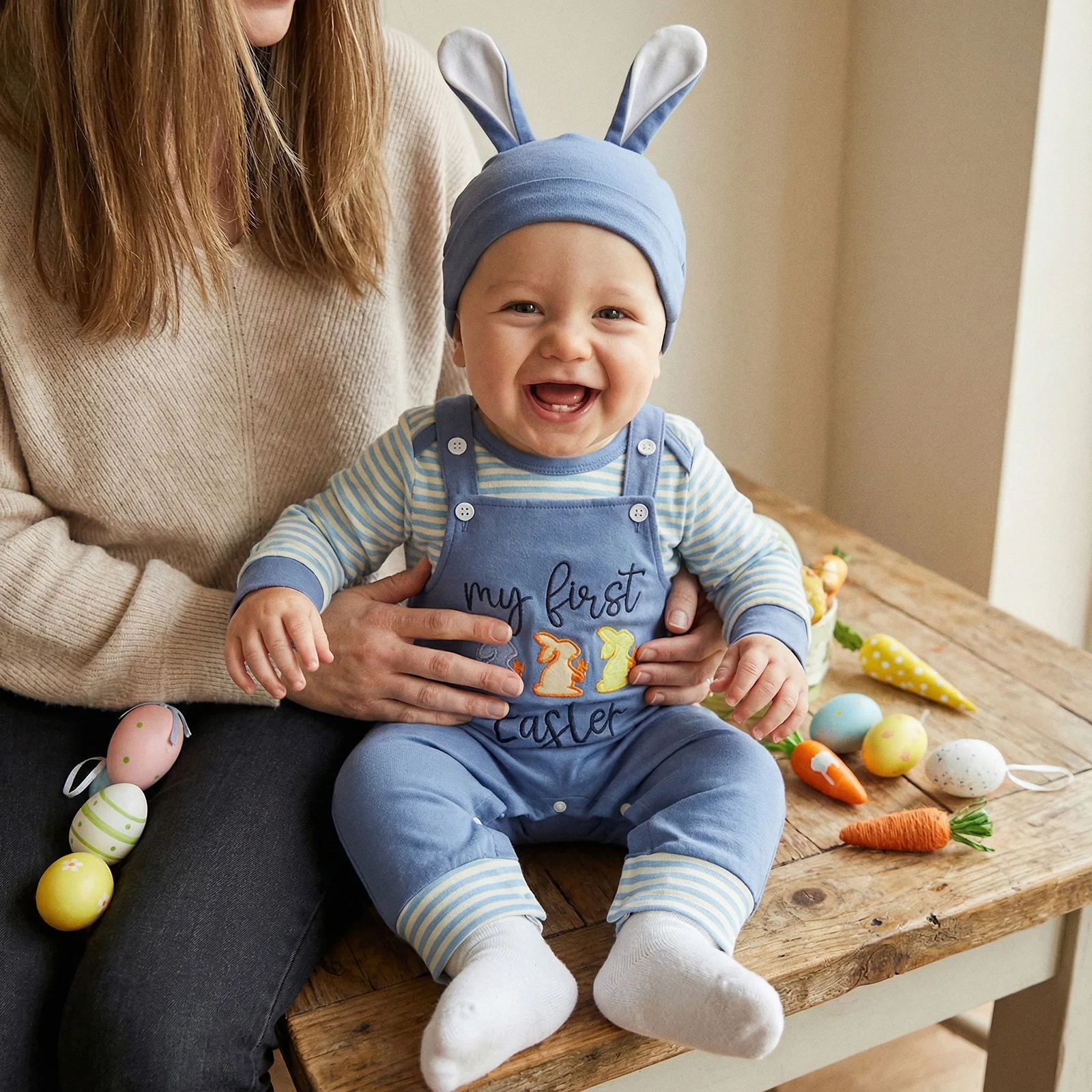 Baby Boy Easter Clothing Sets Cute Long Sleeve Striped Romper with Bunny Embroidery Overalls Hat 3Pcs Easter Costume Outfits
