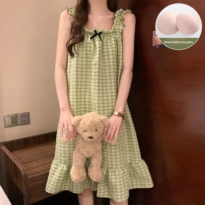 

Cute Summer Spwear Women's Gown with Chest Pad Pure Cotton Strap Bubble Cotton Linen Loose Home Clothes Sweet id Pattern