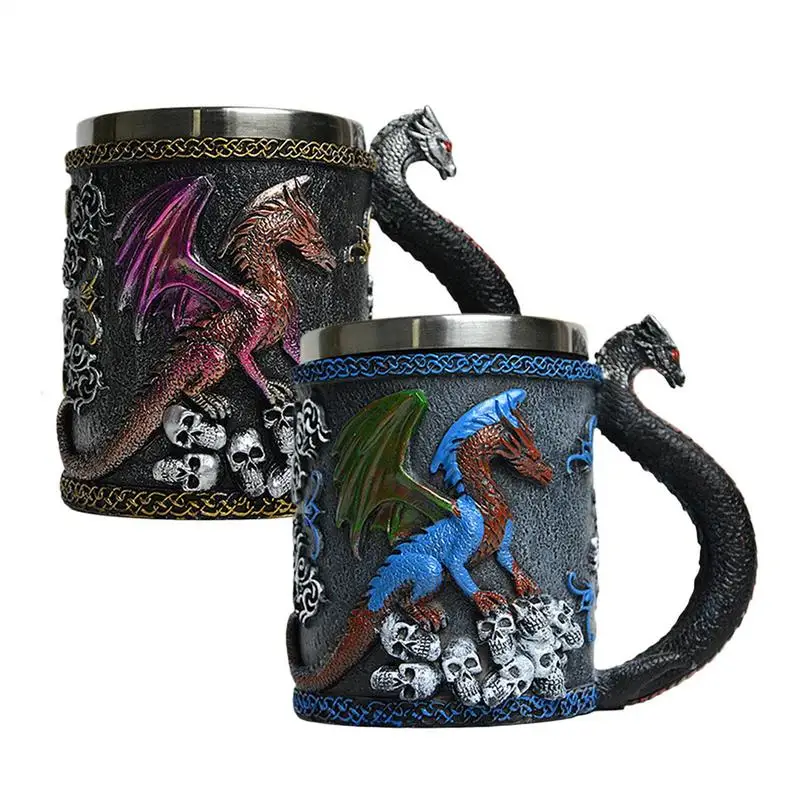 Viking Wood Style Beer Mug Medieval Dragon Resin Stainless Steel Beer Mug 3D Dragon Stainless Steel Coffee Cup Camping Mug 420ml