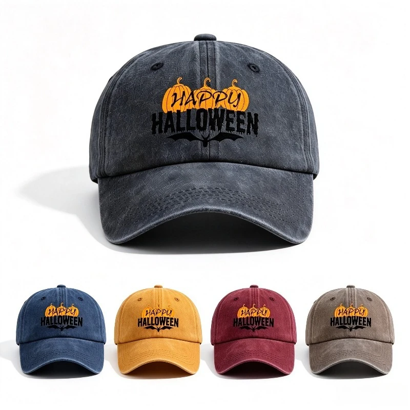 Unisex Retro Washed Cap Happy Halloween Print with Pumpkin Bat Elements Adjustable Back Strap Casual Fall‑Season Party Headwear