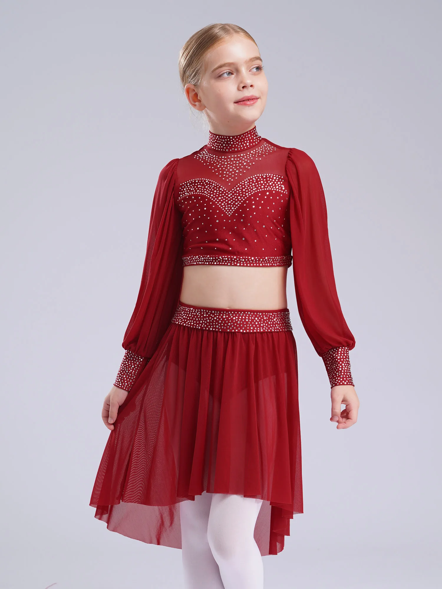 Girls Modern Lyrical Dance Costume Ballet Skating Gymnastics Dancewear Sheer Mesh Long Sleeves Rhinestone Crop Top with Skirts