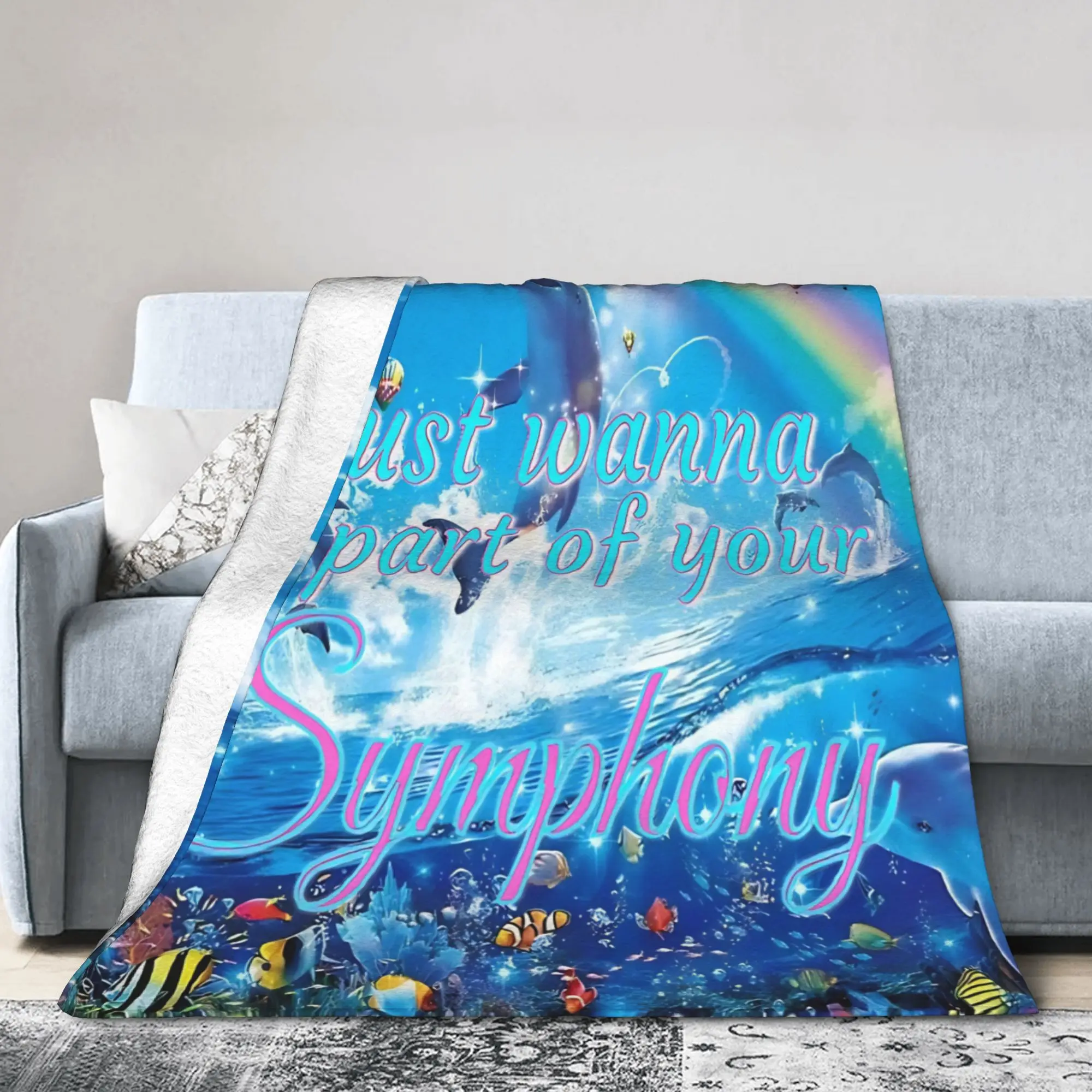 Symphony Aero Dolphin Knitted Blanket Frutiger Aero  Flannel Throw Blankets Home Couch Personalised Soft Warm Bedsprea