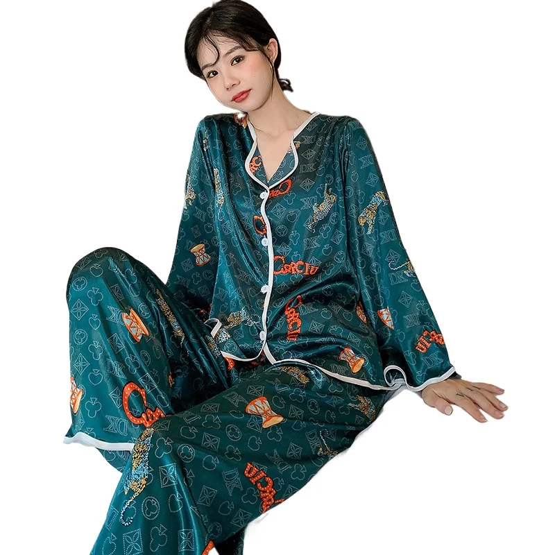 

New Smooth and Soft Pajamas Women's Spring and Autumn Long-sleeved Ice Silk Women's Foreign Trade Wholesale Thin Loungewear Set
