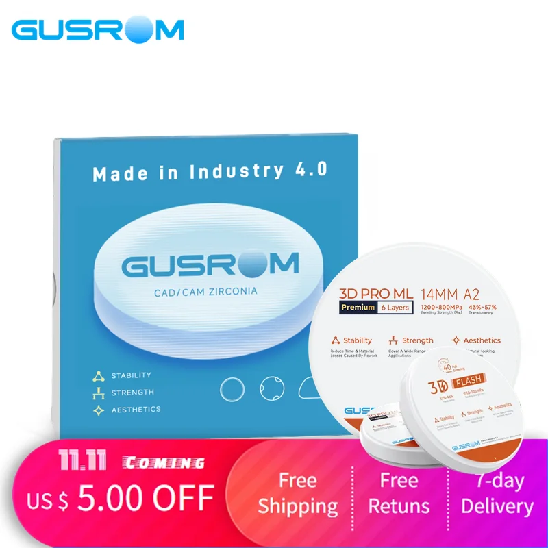 

Gusrom 3D PRO Zirconia Block 98*12mm ~ 98*16mm Multilayer Dental Lab Zirconia Block for CAD CAM