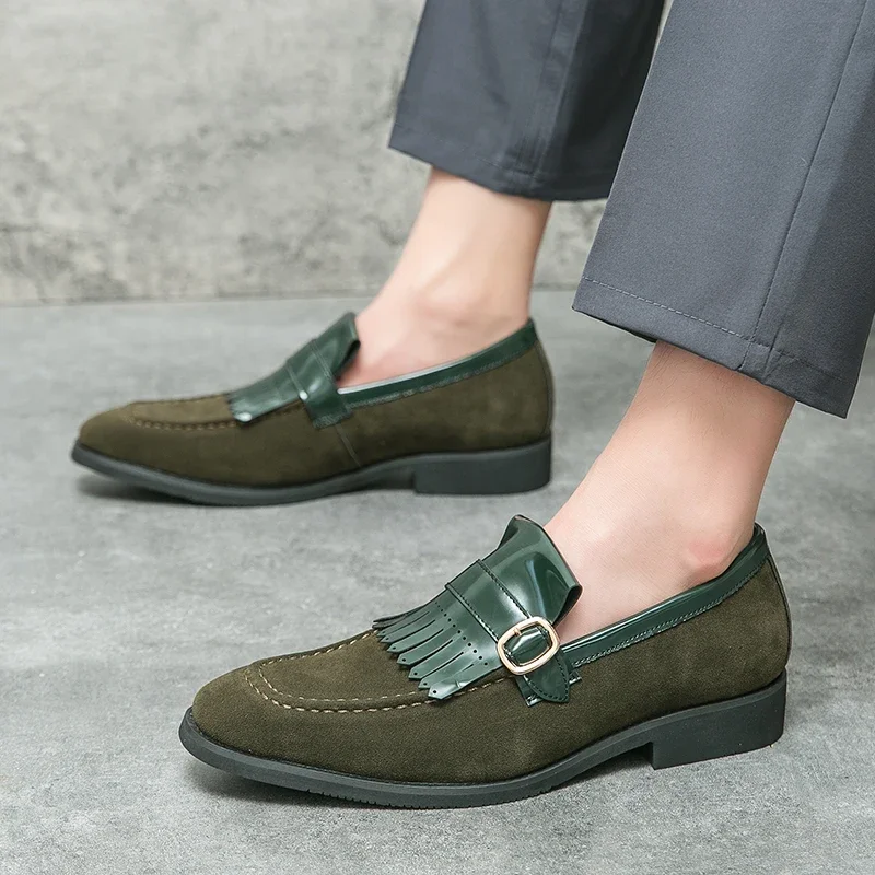 New Green Loafers for Men Tassels Round Toe Flock Slip-On Handmade Mens Formal Shoes Size 38-46