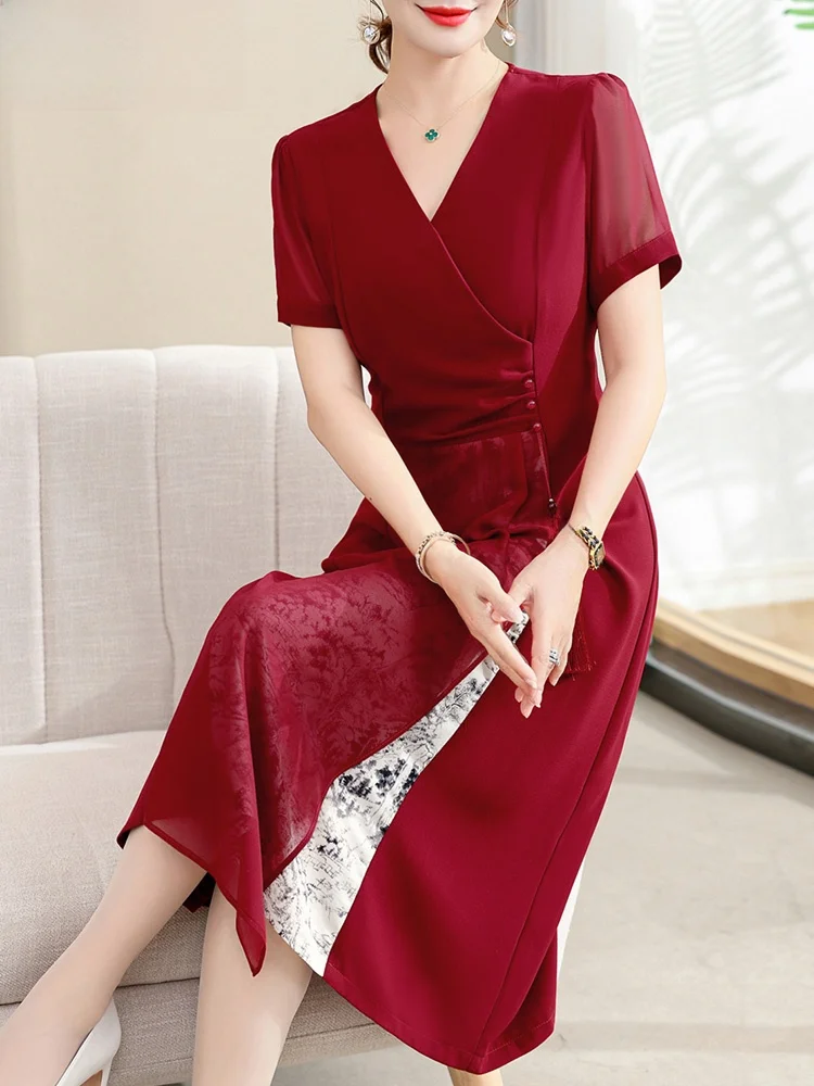 

Wedding Dr Faionable Loose Fit V-Ne Midi Skirt for Middle-Aged Women Polyester Fiber Summer Wedding Guest Dr