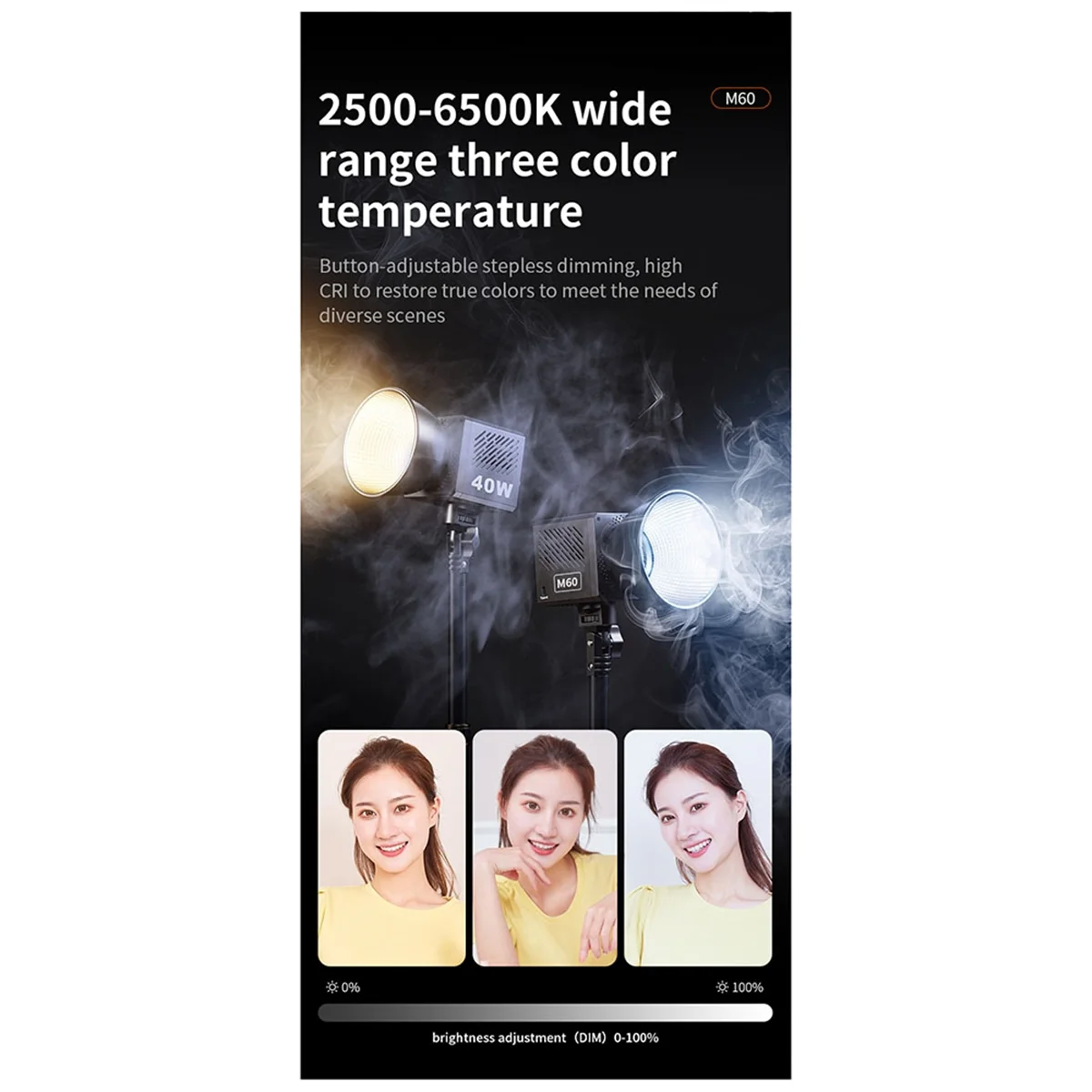 Compact M60 Handle Photo Studio Light COB Bi-Color CCT 2500-6500K CRI Greater Than Equal 95 TLCI Greater T