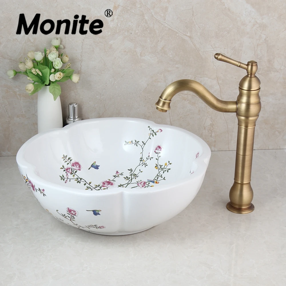 

Monite Art Ceramic Basin Spring Blossoms Design Washbasin Bathroom Sink Set Antique Brass Water Mixer Tap Faucet W/ Pop Up Drain