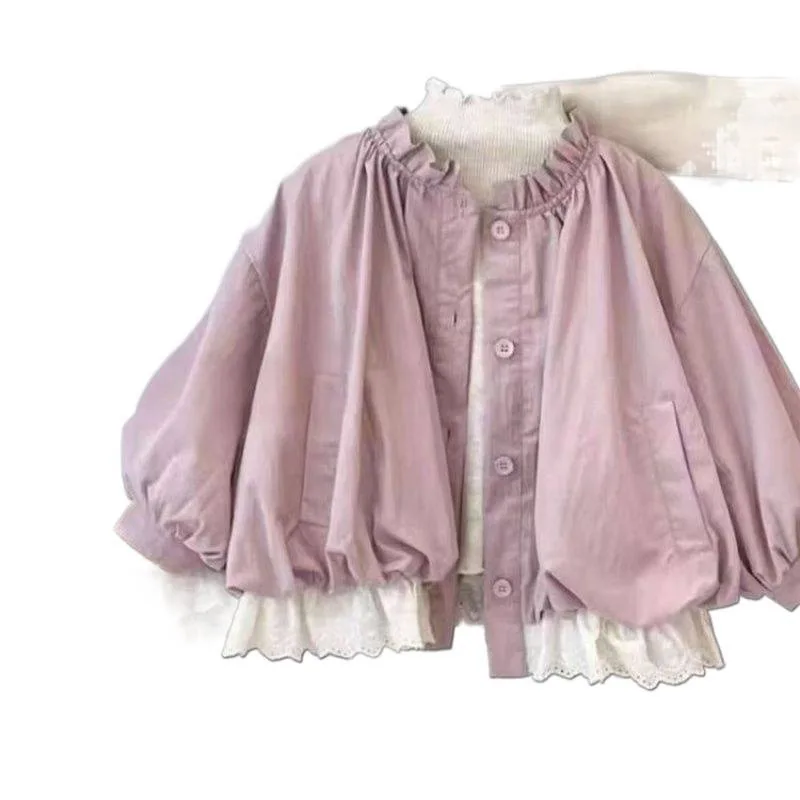 Coat Girl Lace Hem Jacket Spring and Autumn New Children Western-style Girl Outfit Lace Collar Good-looking Jacket