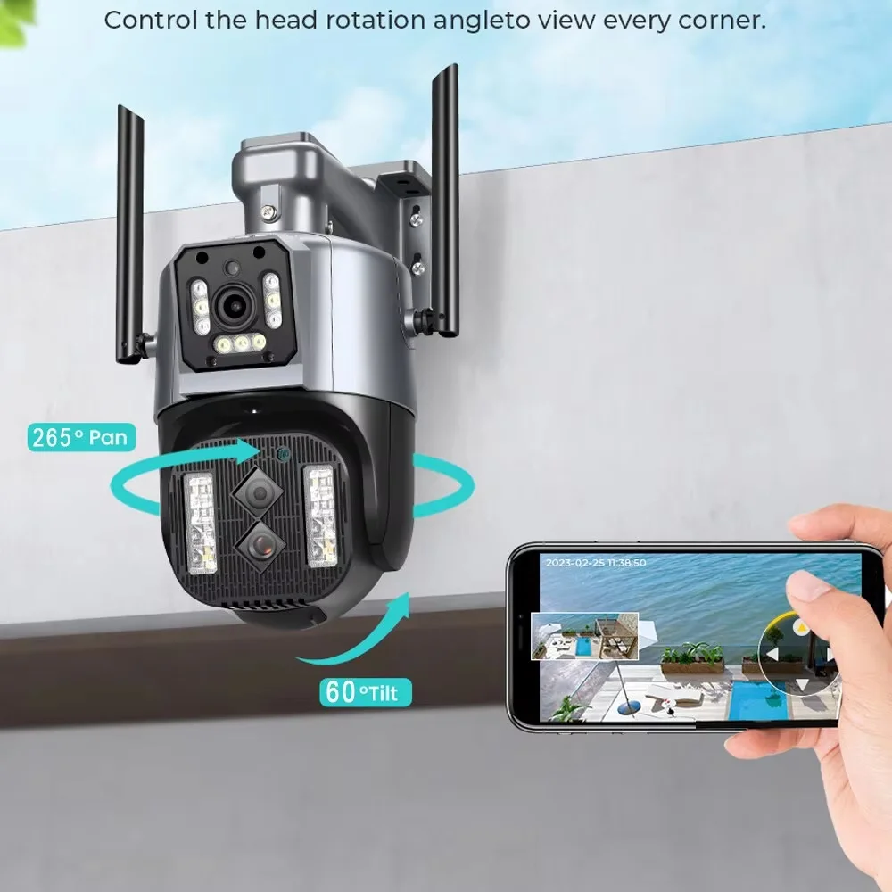 6MP 4K IP WiFi Outdoor Camera Ptz Three Lens Dual Screen 10x Hybrid Zoom Auto Tracking Waterproof 360° Security Camera