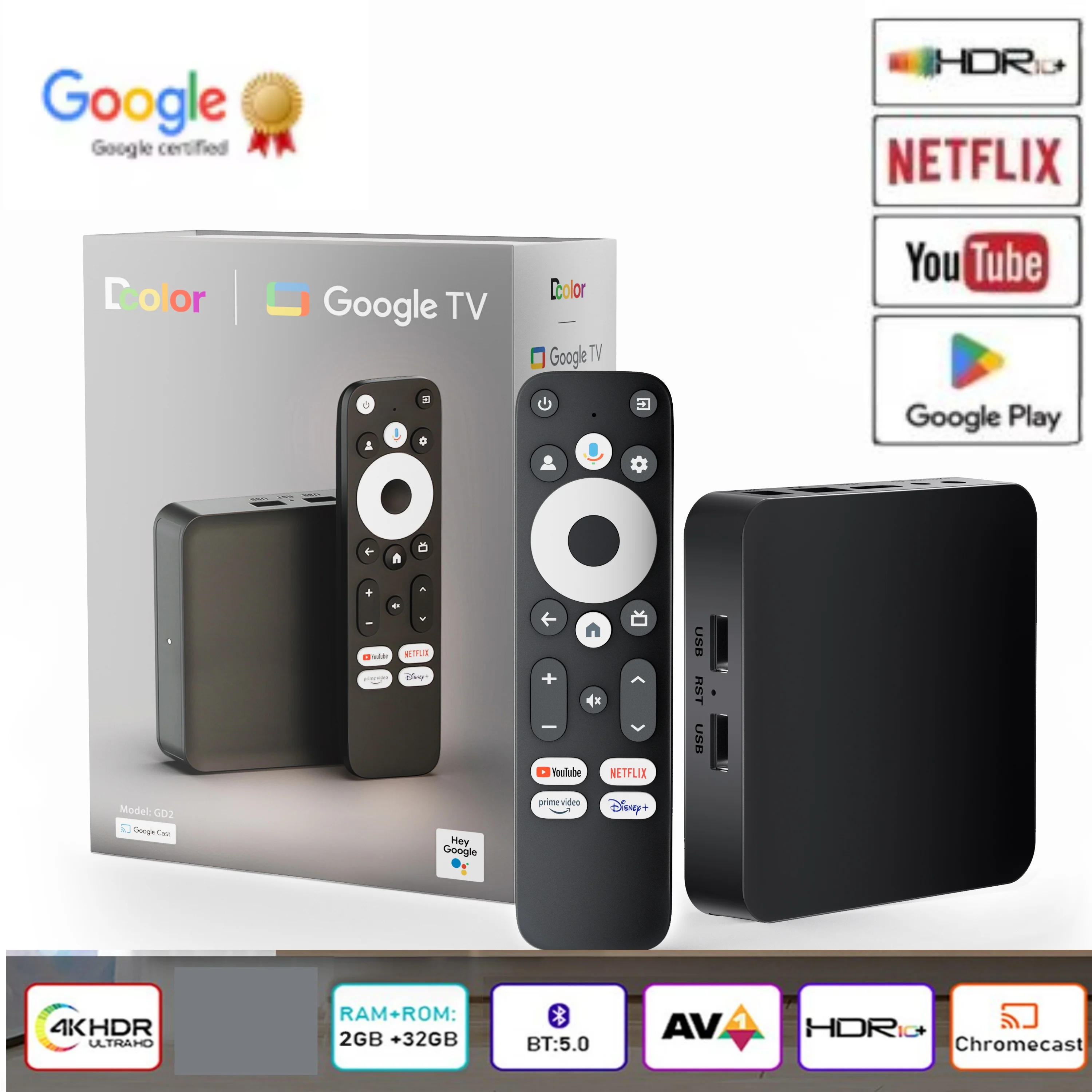 Dcolor GD2 4K Smart Android 12 TV Box GTV certificado pela Google com chip S905Y4 AV1 decodificação 2GB + 32GB de memória para entretenimento