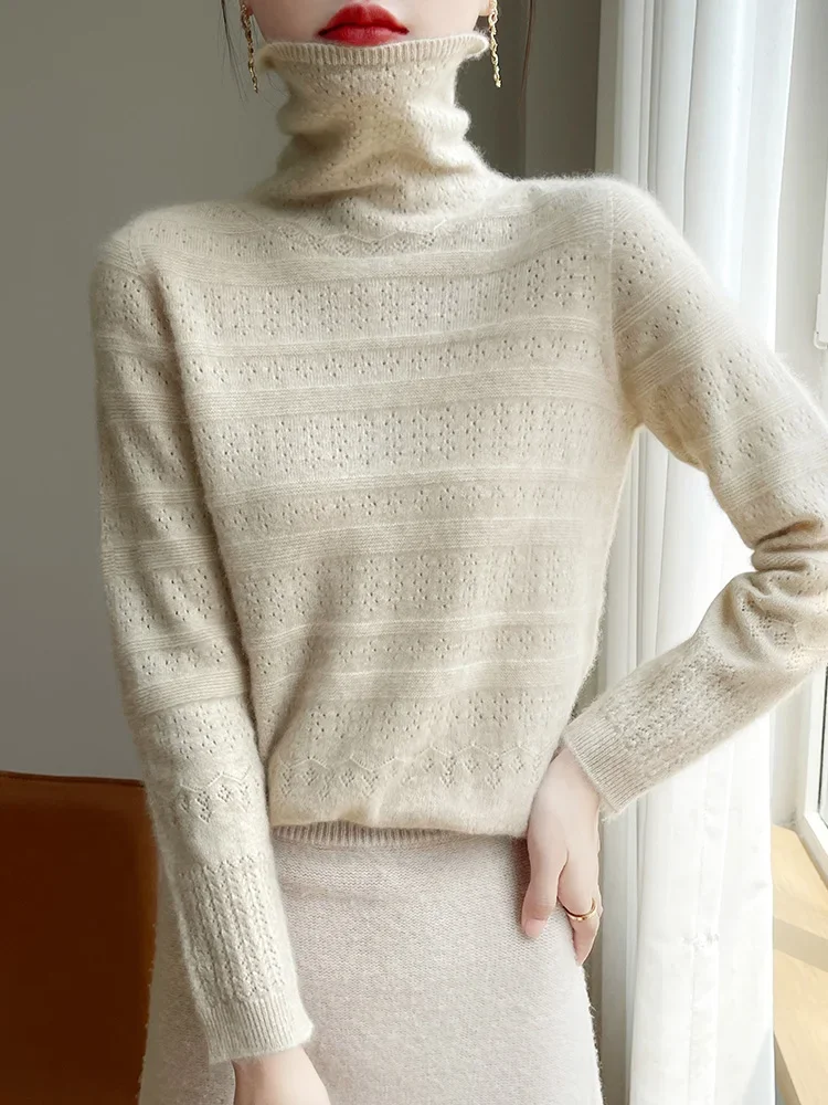 

New Leisure Wool Knitwear Women Sweater Autumn Curling Edge Turtleneck Wave Solid Color Wool Pullover Casual Women Tops