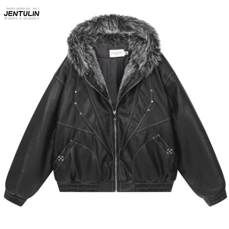 

Male Jacket Padded Jackets Zipper Hooded Faux Fur PU Leather Thick Pockets Stylish Cotton Coats Y2K Winter Men Clothng Keep Warm