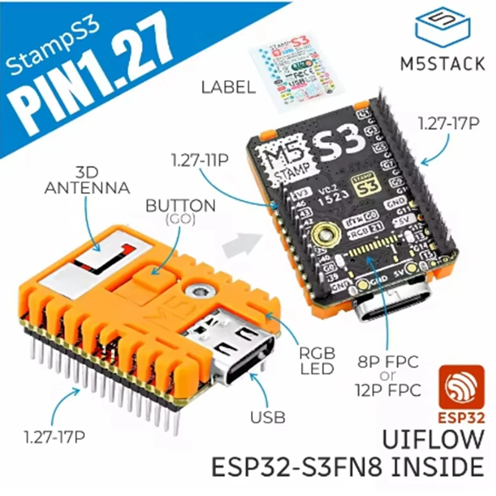 M5Stack M5StampS3 PIN1.27 ESP32S3 main control core board 1.27 spacing pin arrangement