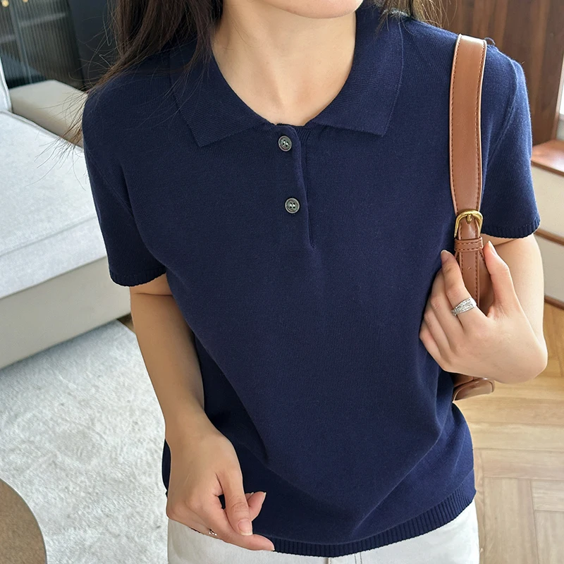 100% pure cotton women's T-shirt solid color knitted pullover summer casual short sleeved POLO collar fashionable top big sale