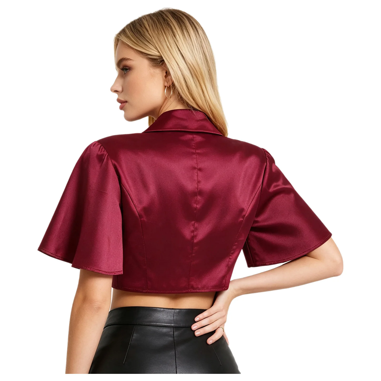 Womens Victorian Satin Short Jacket Cape Lapel Collar Flutter Sleeve Front Buttons Blouse for Casual Themed Party Jacket Top