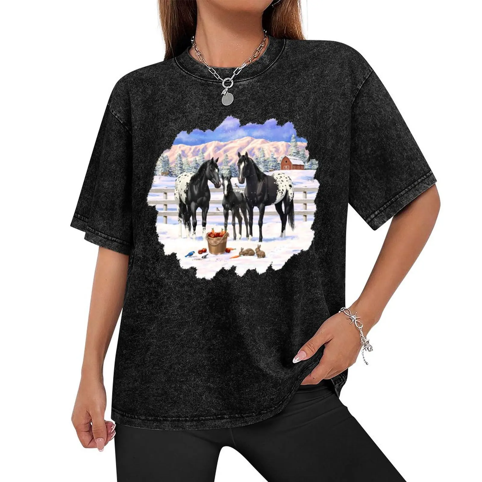 Black Appaloosa Horses In Snow T-Shirt oversizeds Aesthetic clothing black t-shirts for men