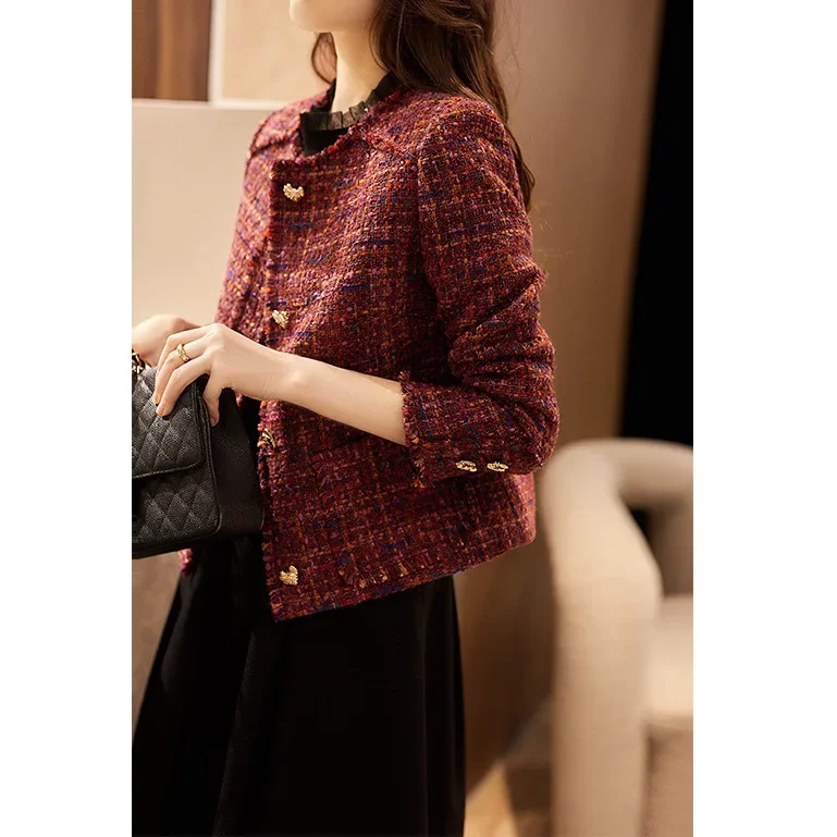 

Wool Xiaoxiangfeng jacket is high-end, red tweed short, winter wear women's 2024 spring top