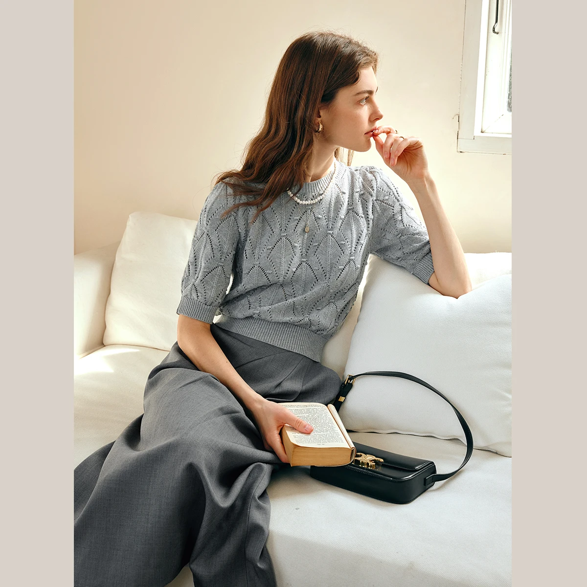 OLrain French Style Hollow Pullover Women 2026 Spring Summer Cotton Knit Grey Elegant Puff Sleeve Ladies Knitwear O57XZ96202