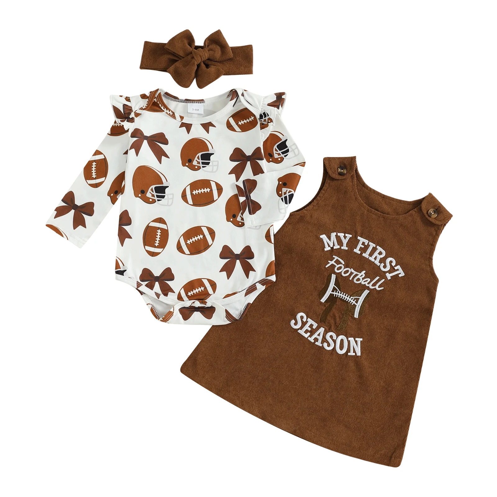 

Осенняя одежда для маленьких девочек, комбинезон с длинными рукавами и круглым вырезом с футбольным принтом, платье без рукавов, повязка на голову с бантом, комплект из 3 предметов
