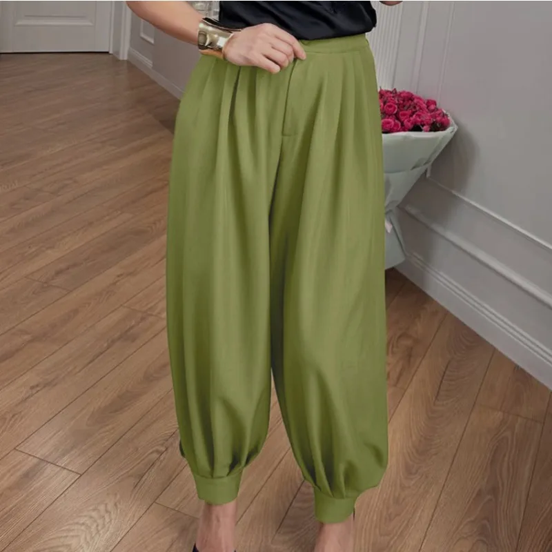 Women High Waist Pleated Harem Pants Solid Loose Baggy Cuffed Ankle Trousers Casual Office Daily Minimalist Long Pants