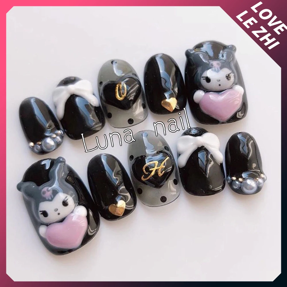 Sanrioed Cute Hello Kitty My Melody Handmade Press On Nails Diy Sweet 3D Doll Kuromi Wearable Reusable Elliptical Fake Nails