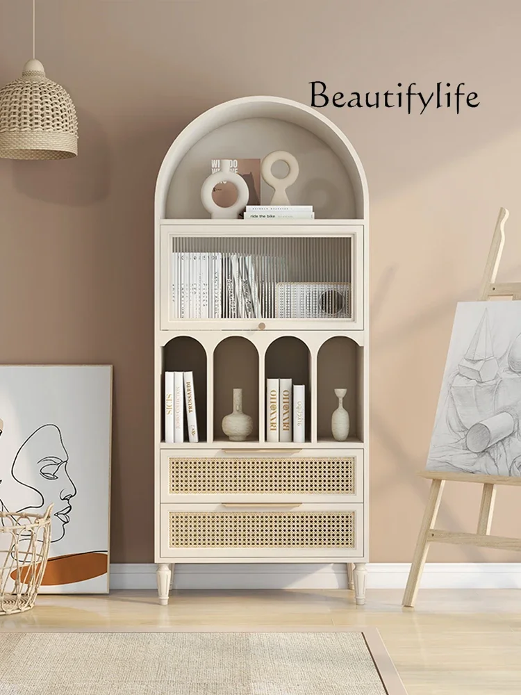 

French Retro Rattan Solid Wood Bookcase Glass Dining Side Integrated Wall High Cabinet Arch Showcase