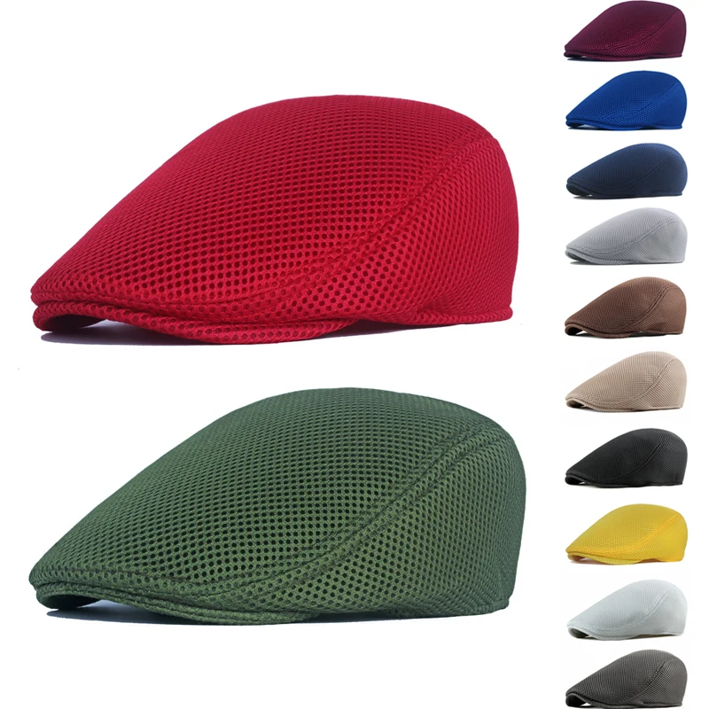 

Summer Breathable Mesh Newsboy Hat Men Women Elastic Adjustable Beret Cap Paperboy Solid Color Golf Hats Driver Flat Caps