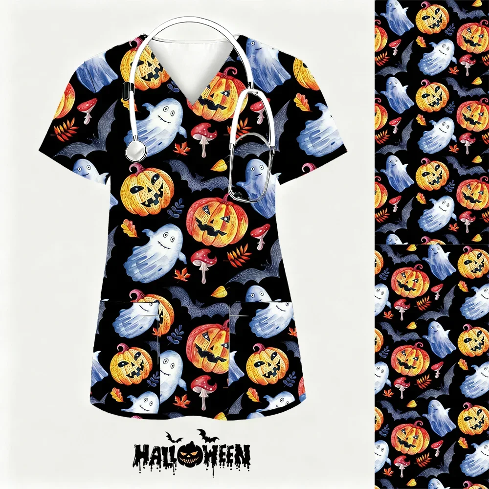 ชุดยูนิฟอร์มพยาบาลลายฮาโลวีน ผู้หญิง ลายฟักทอง ผี พิมพ์ลาย 3 มิติ ชุดลำลองฤดูร้อน คอวี มีกระเป๋า แฟชั่นพยาบาล แขนสั้น