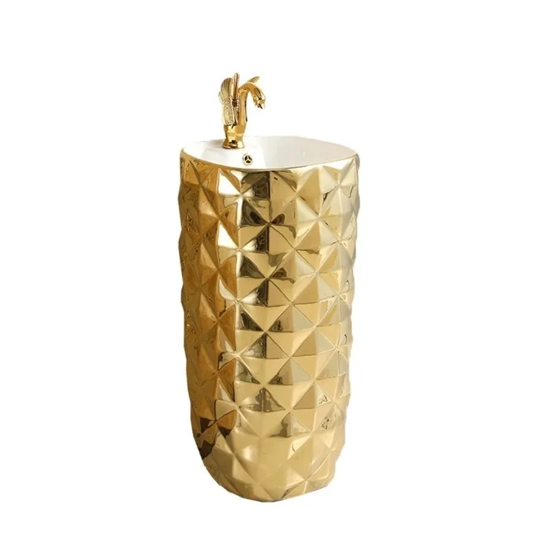 

Floor Standing Ceramic Pedestal Sink Gold Plated Bathroom Washing Basin Household Vanity Wash Sink