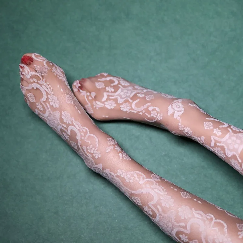 

15D ретро элегантные полые жаккардовые тонкие белые кружевные чулки с цветочным принтом сексуальный узор модные колготки женские длинные носки для ночного клуба