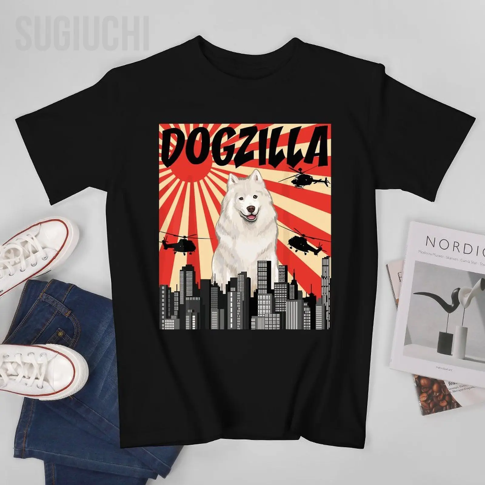 Unisex Men Retro Japanese Dogzilla Samoyed Tshirt Tees T Shirts Women Boys 100% Cotton T-Shirt