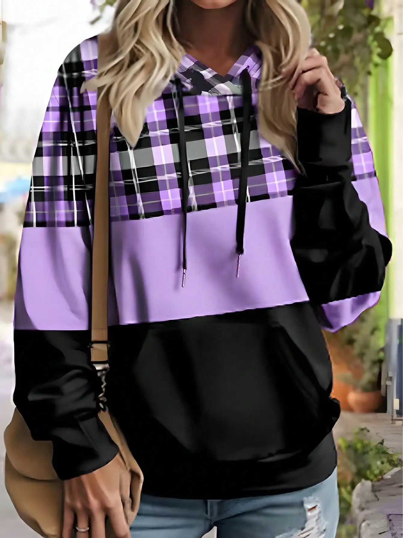 

Purple Plaid Contrast Hoodie for Women, Long Sleeve Loose Fit with Drawstring, Autumn Winter Casual Top