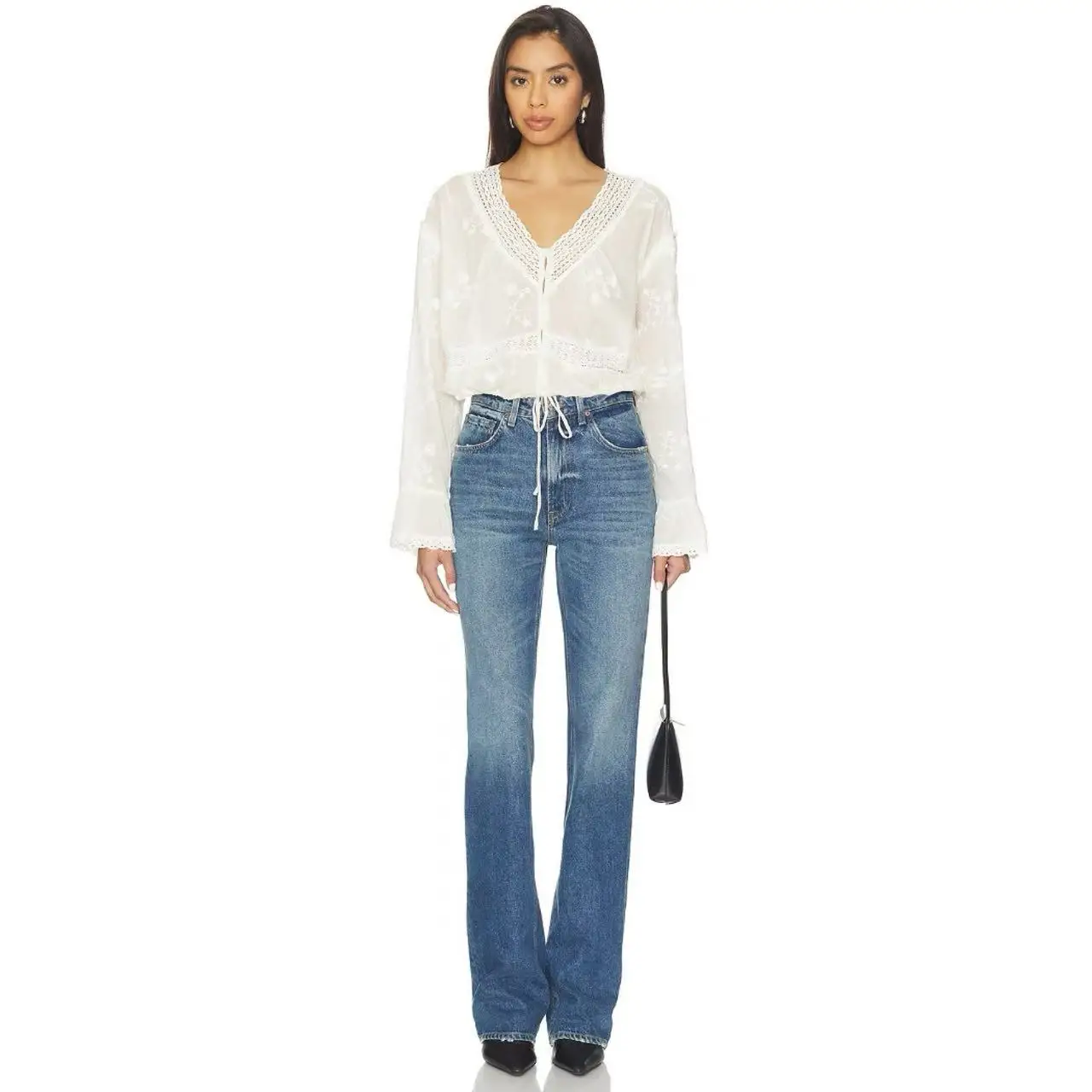 

FreeP Spring 2026 V-Neck Hollow Embroidered White Shirt French Style Loose Fit Cotton Long Sleeve Breathable Women's Blouse
