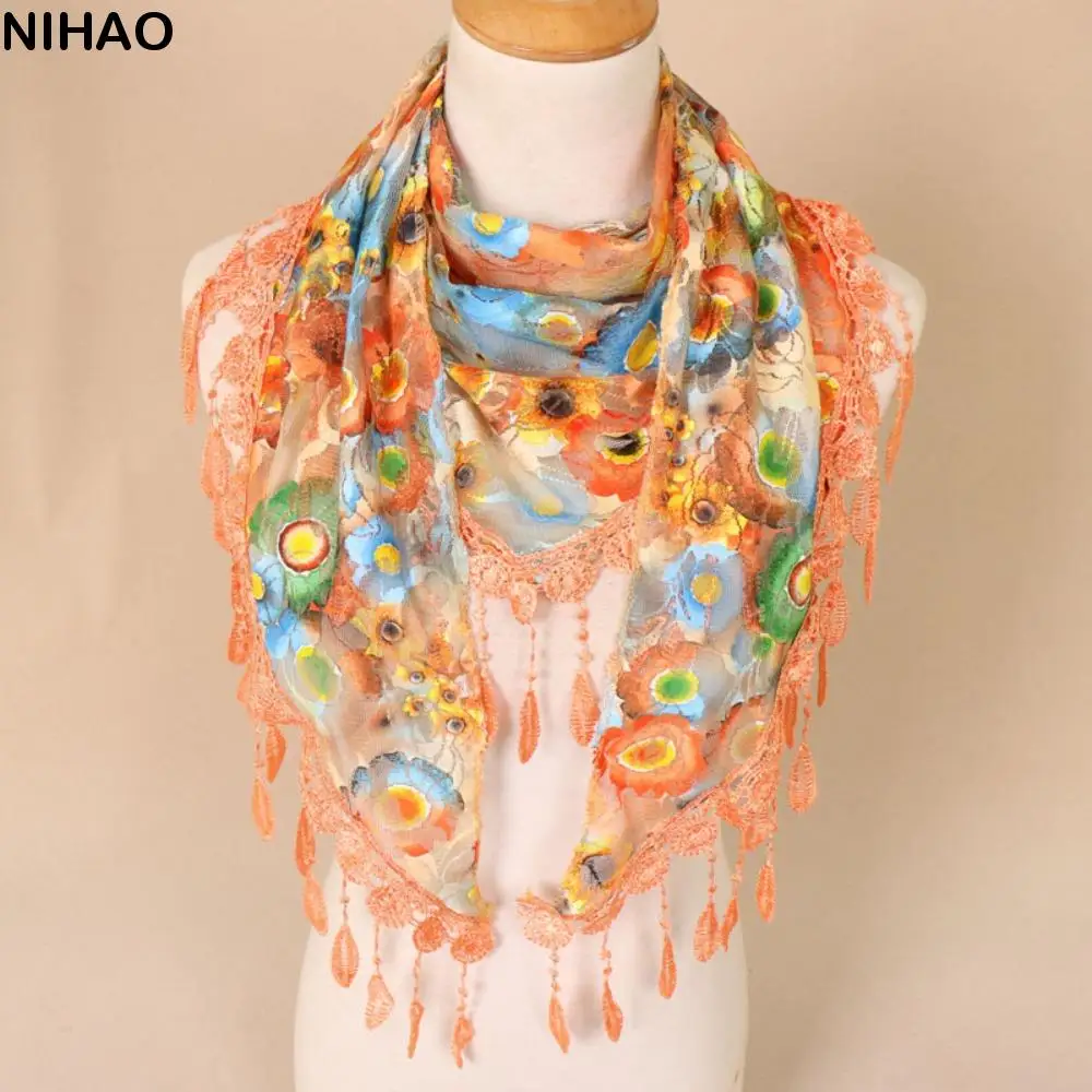 

Cute Sun Protection Lace Scarf Colorful with Tassel Printed Wraps Turban Pastoral Style Flower Triangle Headband Holiday