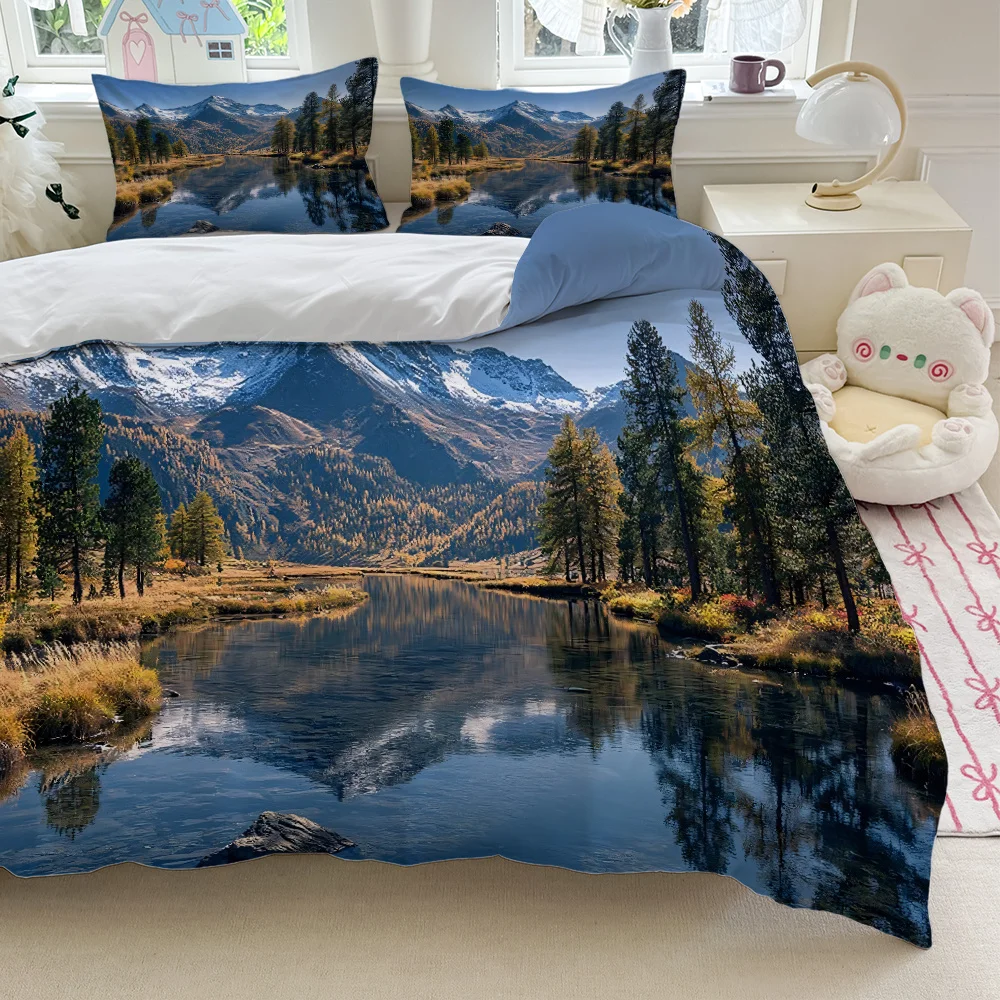 Polyester Fiber Duvet Cover Set of Three, 2D Flat Printed Duvet Cover Set of Three, Duvet Cover Set of Three with Landscape and Tree Prints on Blue Background, Bedding Set with Printed Patterns Suitable for All Seasons, Machine Washable, Invisible Zipper, Large Duvet Cover Set, Bedding Set, Quilt Cover