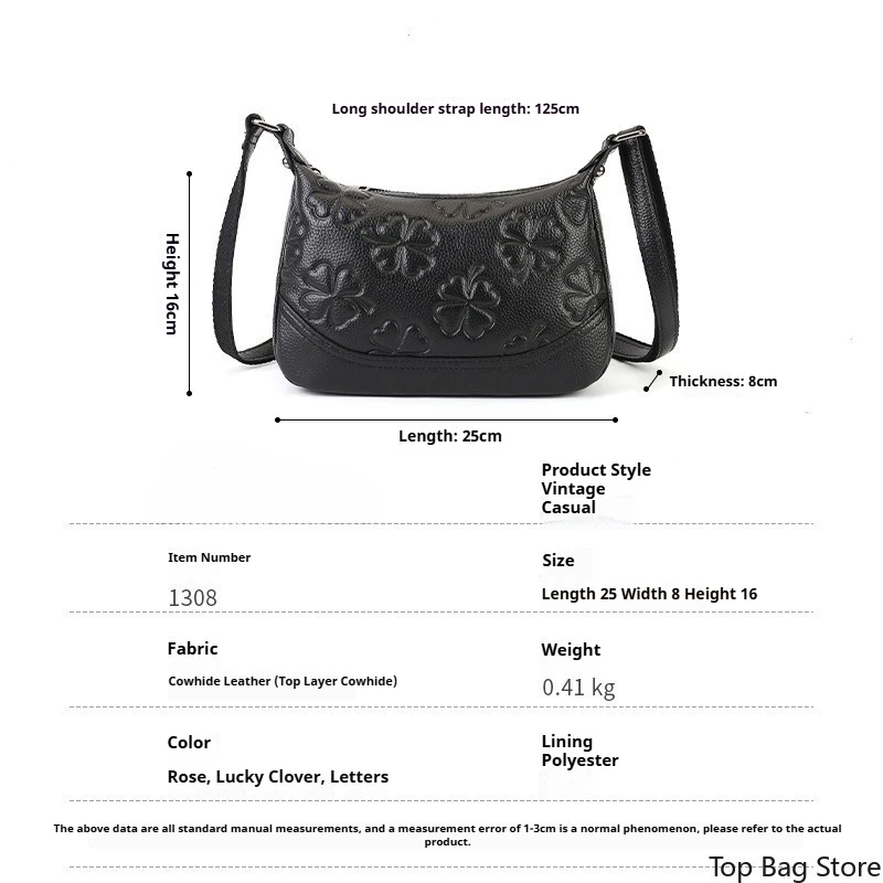 Elegant Vintage Everyday Genuine Leather Shoulder Bag for Women Embossed Soft Top Grain Leather Adjustable Strap Luxury Handbag